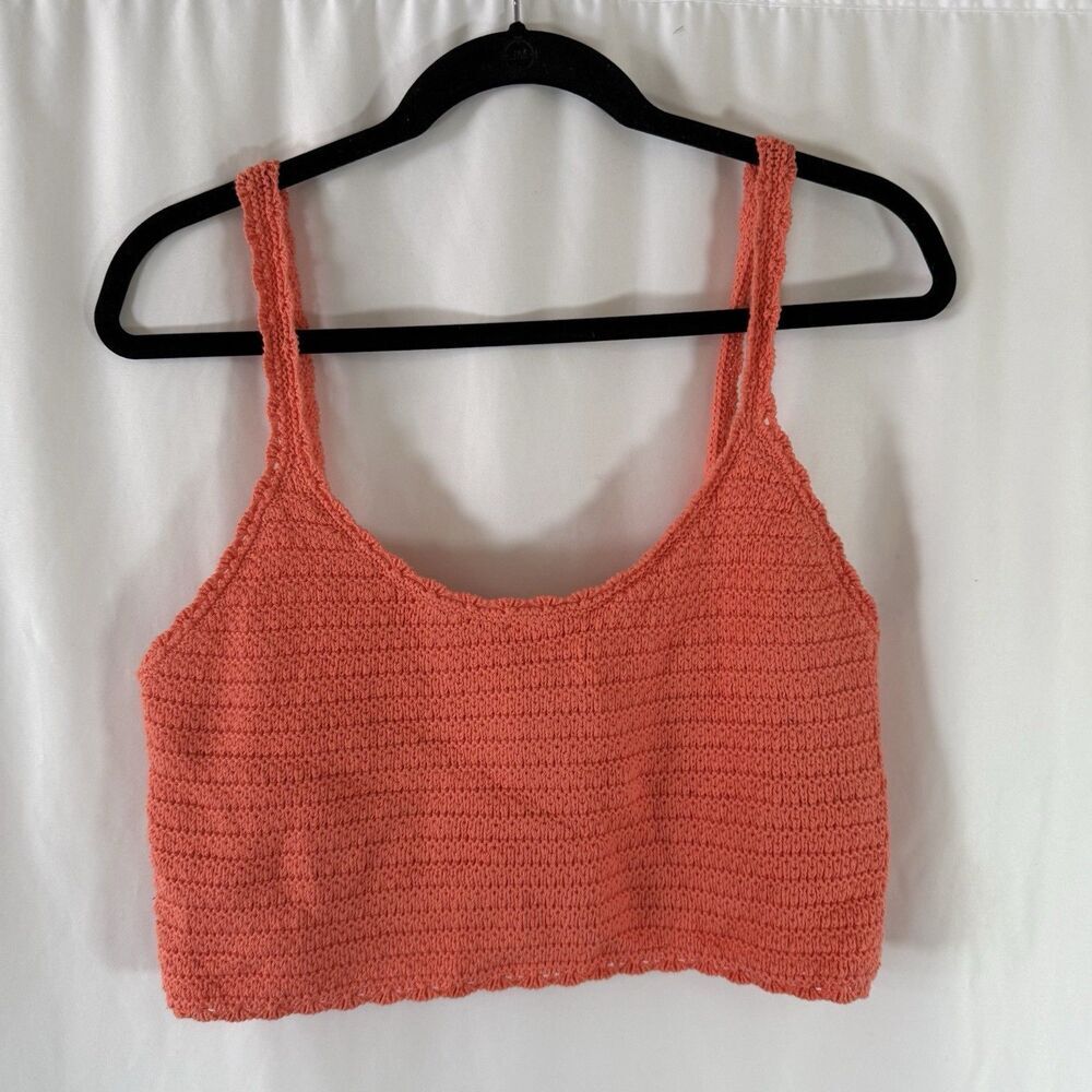 New Aerie Cropped Tank Top Women's Medium Coral Orange Crochet Lined